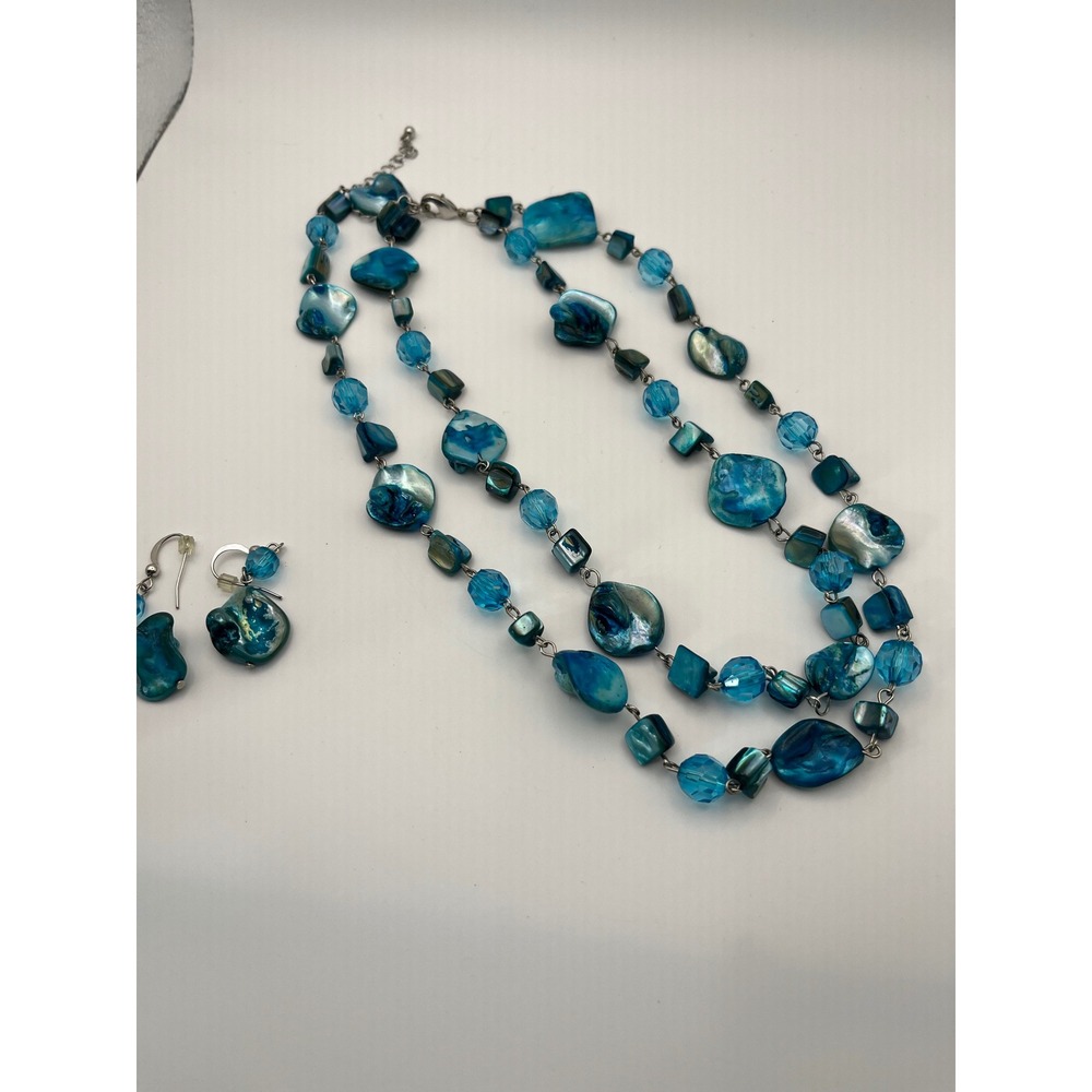 Blue Mother of Pearl Abalone Shell Multi Strand Necklace and Earring Set Boho
